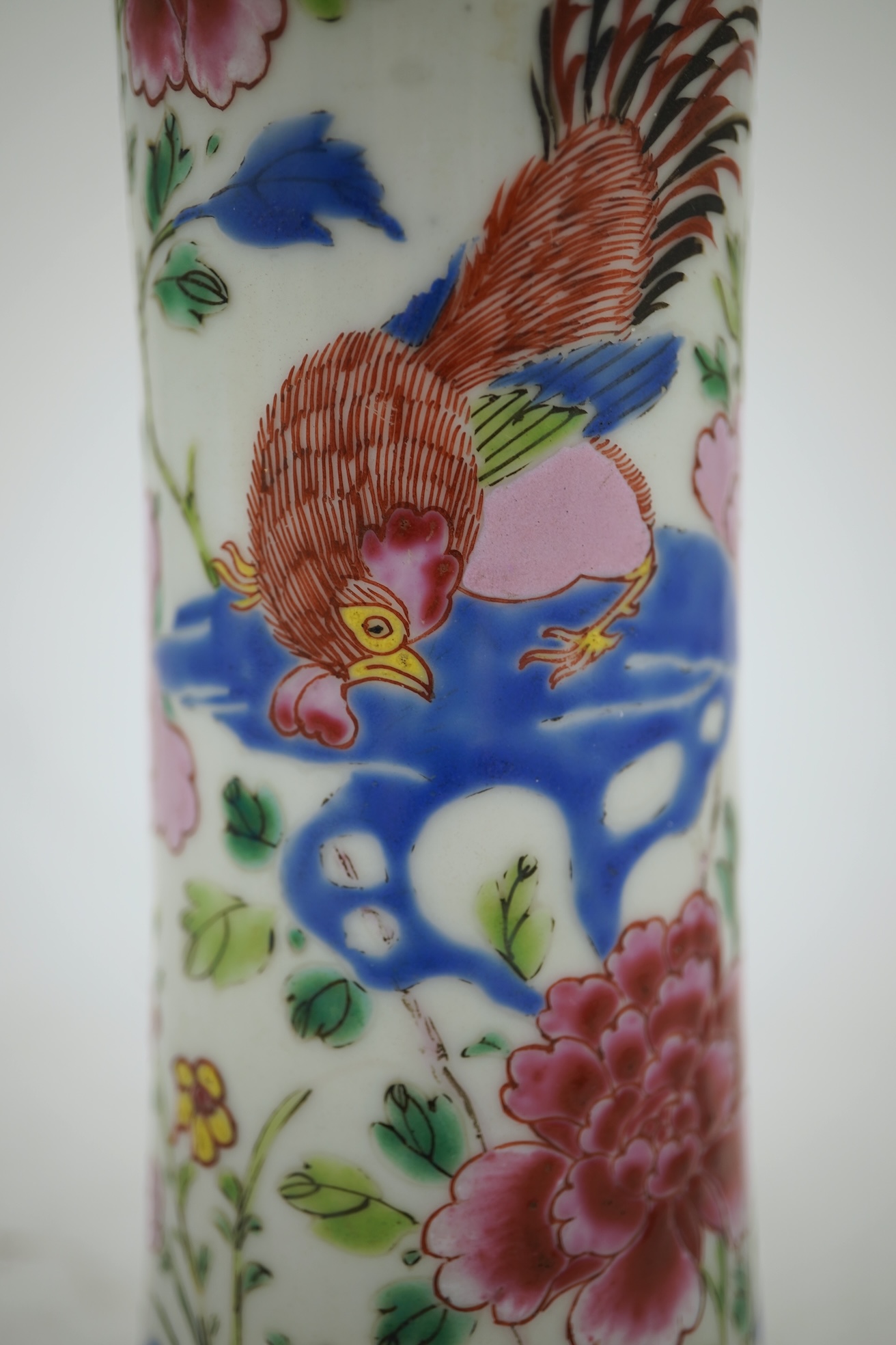 A Chinese famille rose ‘cockerel’ beaker vase, Qianlong period